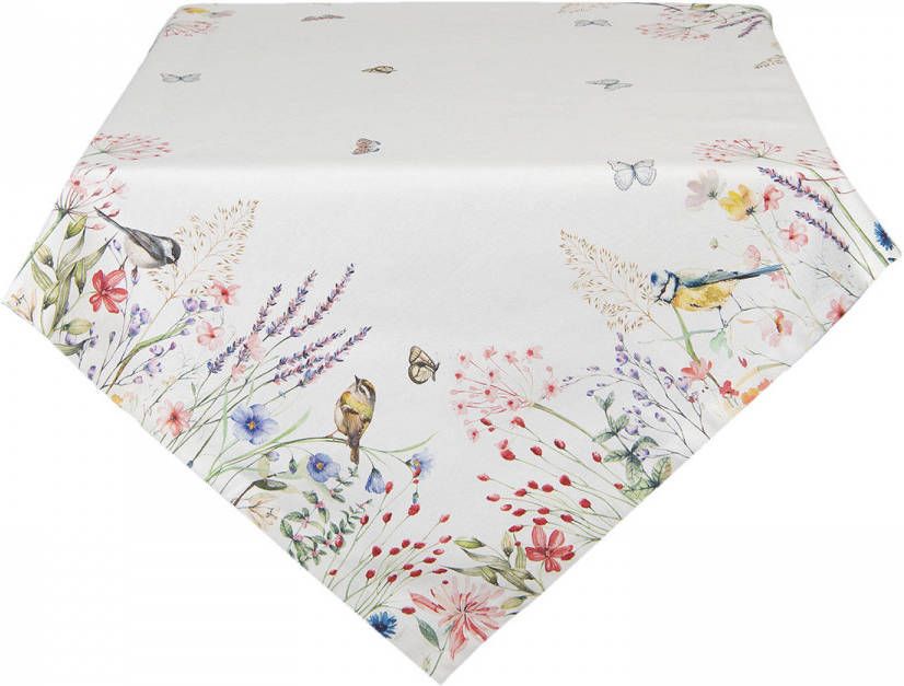 Clayre & Eef Tafelkleed 150x150 cm Wit Groen Katoen Vierkant Bloemen online kopen
