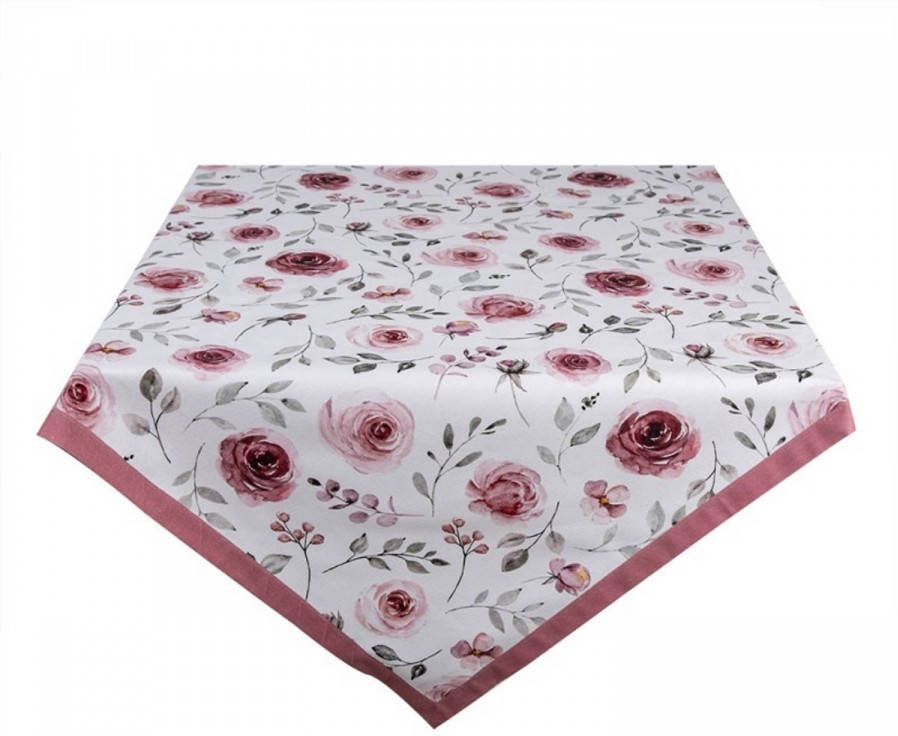 Clayre & Eef Tafelkleed 150x250 cm Wit Roze Katoen Rechthoek Rozen online kopen